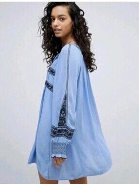 Free People Wind Willow Blue Embroidered Mini Dress With Slip Liner M